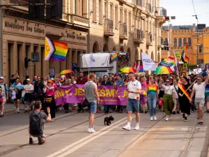 Colorful pride parade in Wrocław, Poland celebrating LGBTQIA+ inclusivity and diversity.